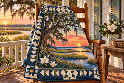 South Carolina Lowcountry Gold TD181026296 Quilt Blanket draped over a wooden chair in a setting inspired by the quilt design