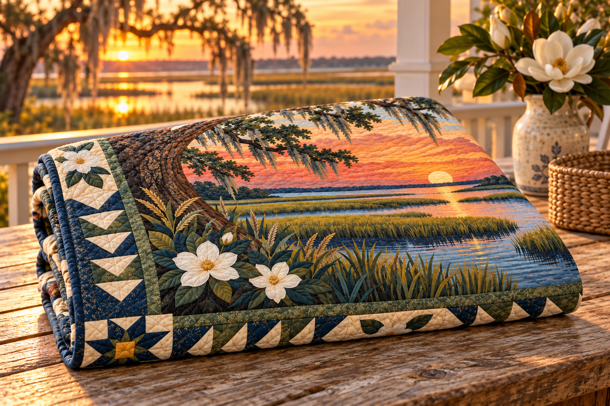 South Carolina Lowcountry Gold TD181026296 Quilt Blanket folded in a setting matching its design