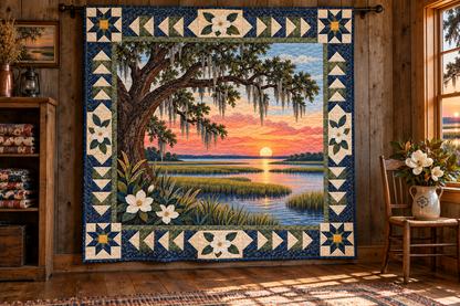 South Carolina Lowcountry Gold TD181026296 Quilt Blanket hanging in a themed indoor cabin