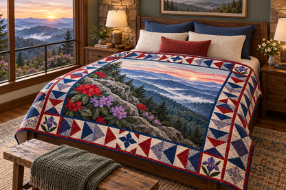 Tennessee Smoky Mountain Morning TD181026308 Quilt Blanket bed mockup in a design-matched room