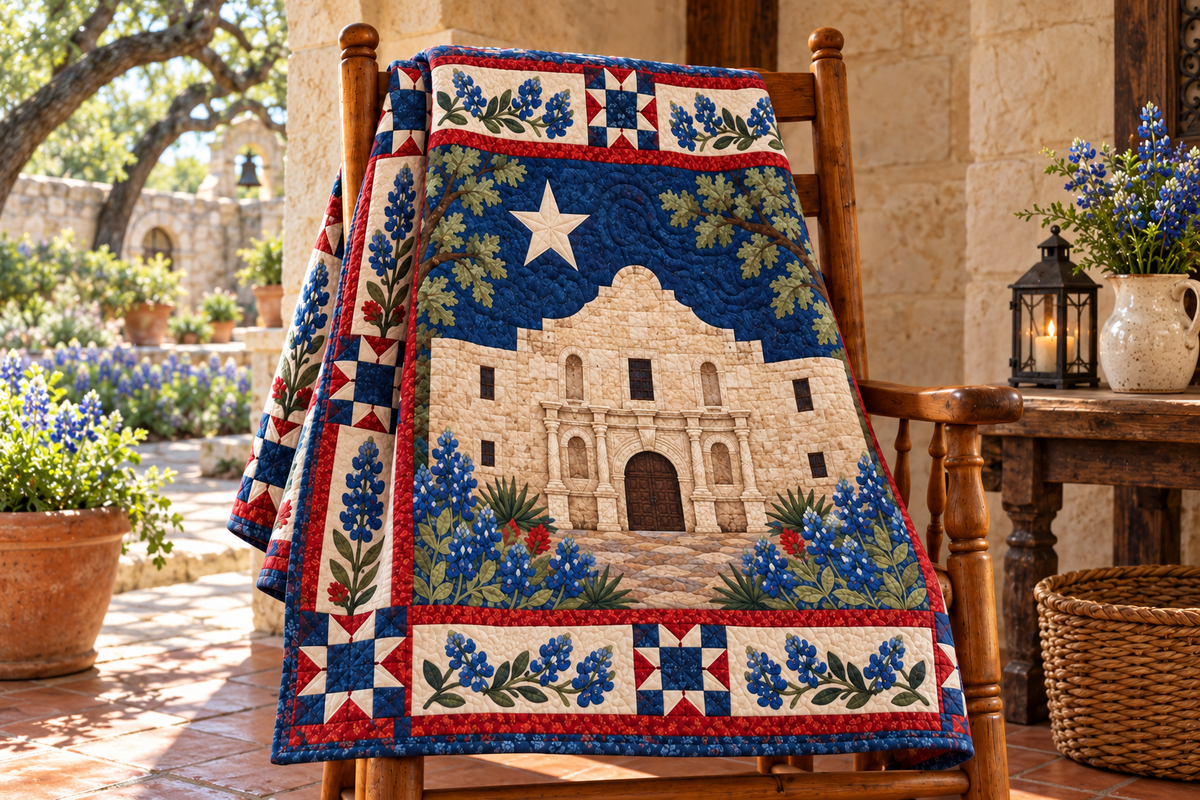 Texas Alamo Heirloom TD181026311 Quilt Blanket draped over a wooden chair in a setting inspired by the quilt design