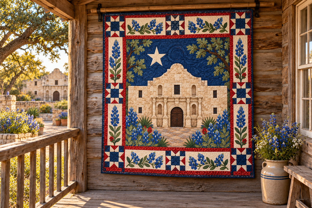Texas Alamo Heirloom TD181026311 Quilt Blanket hanging in a themed outdoor cabin
