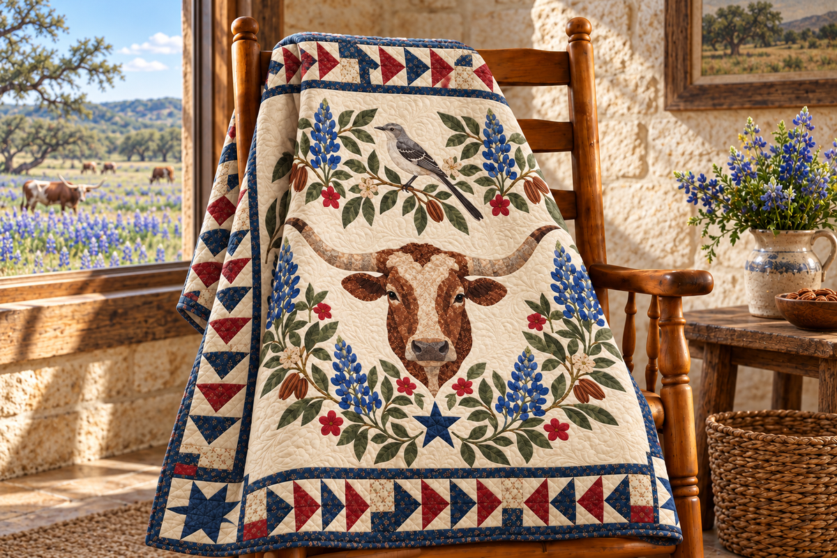 Texas Mockingbird Bluebonnets TD181026314 Quilt Blanket draped over a wooden chair in a setting inspired by the quilt design