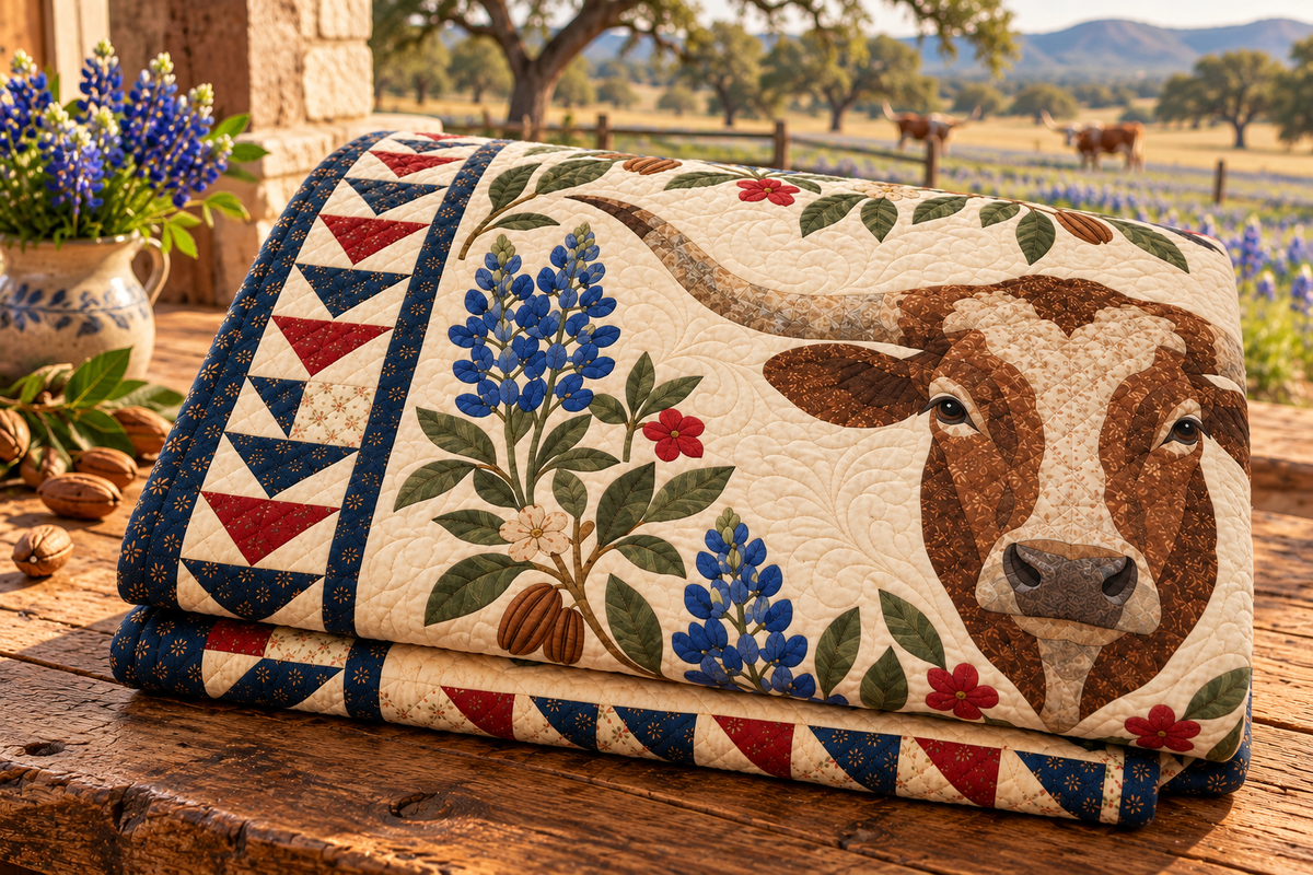 Texas Mockingbird Bluebonnets TD181026314 Quilt Blanket folded in a setting matching its design