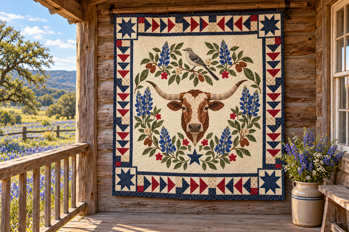 Texas Mockingbird Bluebonnets TD181026314 Quilt Blanket hanging in a themed outdoor cabin