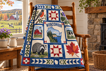 Wisconsin Badger State Pride TD181026341 Quilt Blanket draped over a wooden chair in a setting inspired by the quilt design