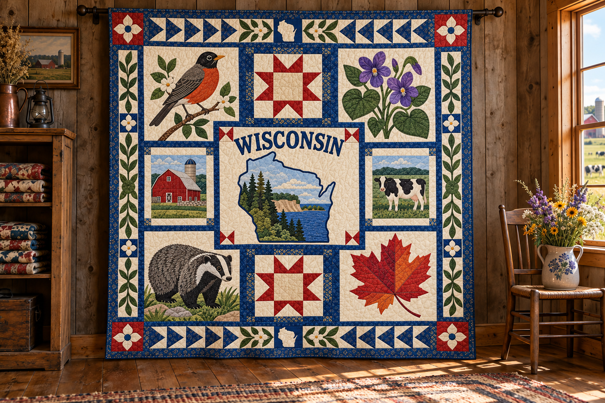 Wisconsin Badger State Pride TD181026341 Quilt Blanket hanging in a themed indoor cabin