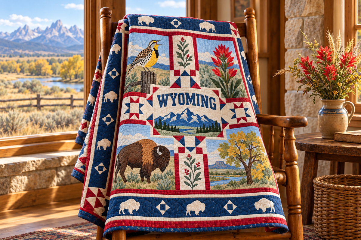 Wyoming Equality State Home TD181026346 Quilt Blanket draped over a wooden chair in a setting inspired by the quilt design