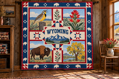 Wyoming Equality State Home TD181026346 Quilt Blanket hanging in a themed indoor cabin