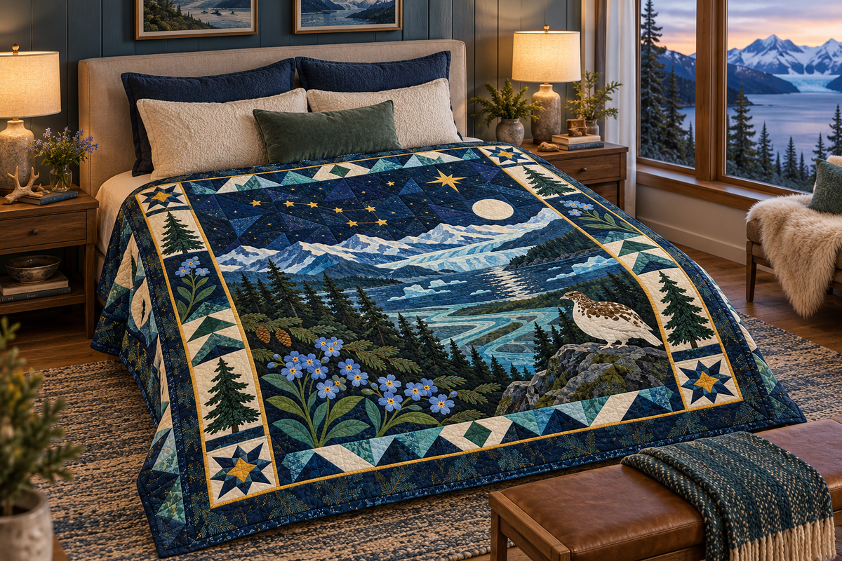 Alaska Night Garden TD181026405 Quilt Blanket bed mockup in a design-matched room