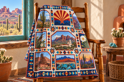 Arizona Landmark Windows TD181026433 Quilt Blanket draped over a wooden chair in a setting inspired by the quilt design