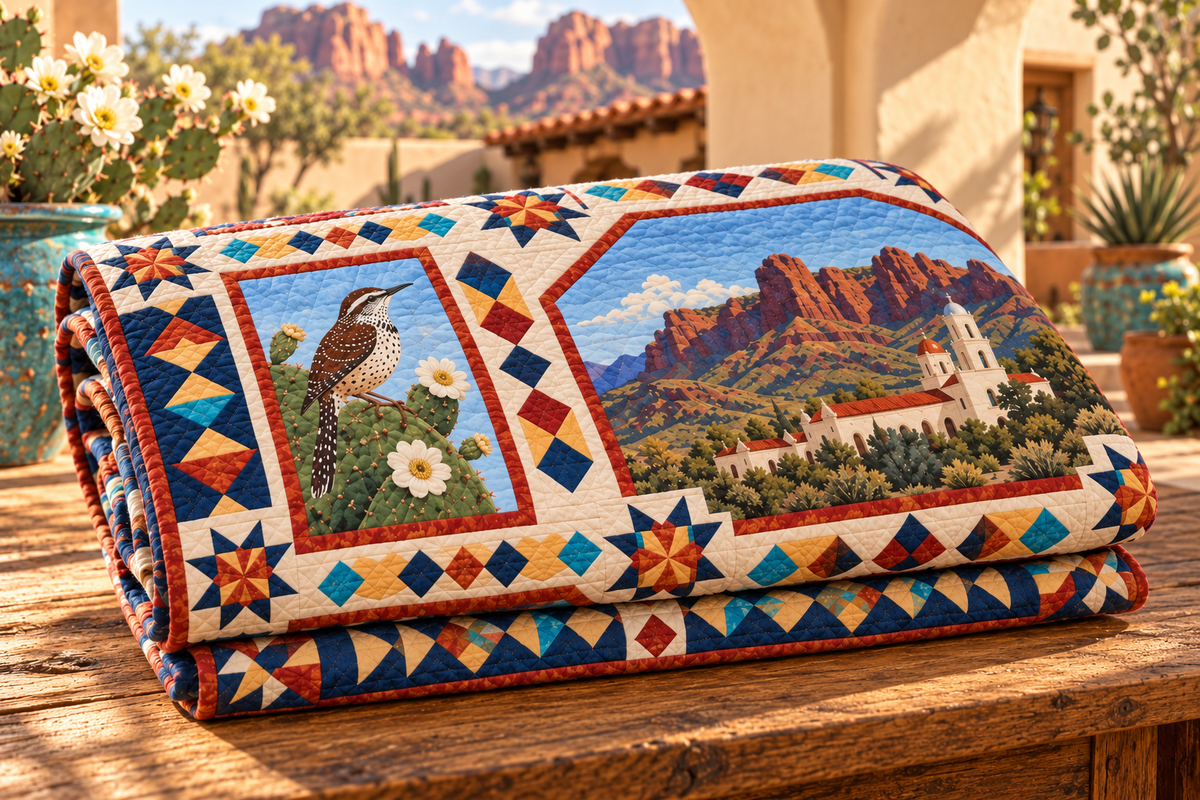 Arizona Landmark Windows TD181026433 Quilt Blanket folded in a setting matching its design