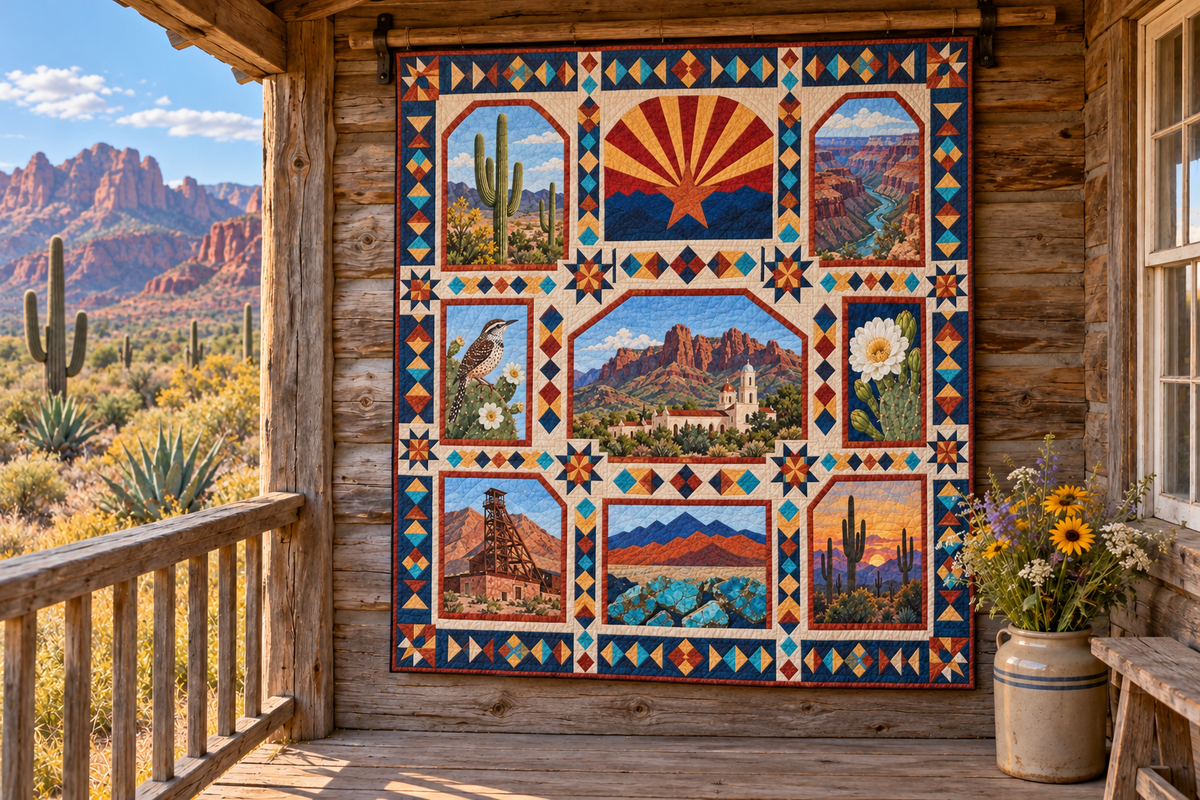 Arizona Landmark Windows TD181026433 Quilt Blanket hanging in a themed outdoor cabin