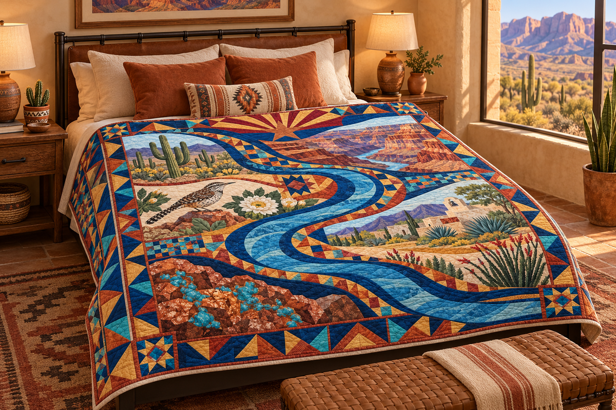 Arizona River Of Stories TD181026434 Quilt Blanket bed mockup in a design-matched room
