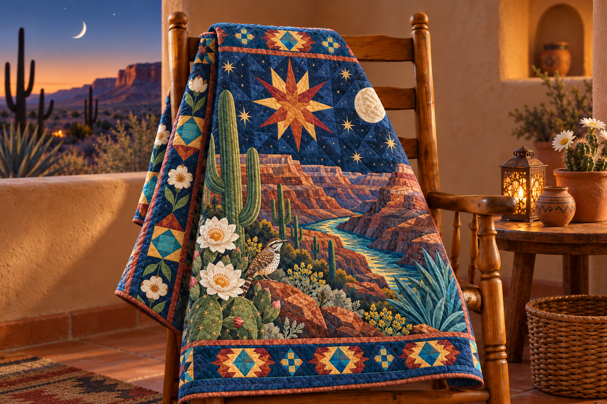 Arizona Night Garden TD181026435 Quilt Blanket draped over a wooden chair in a setting inspired by the quilt design