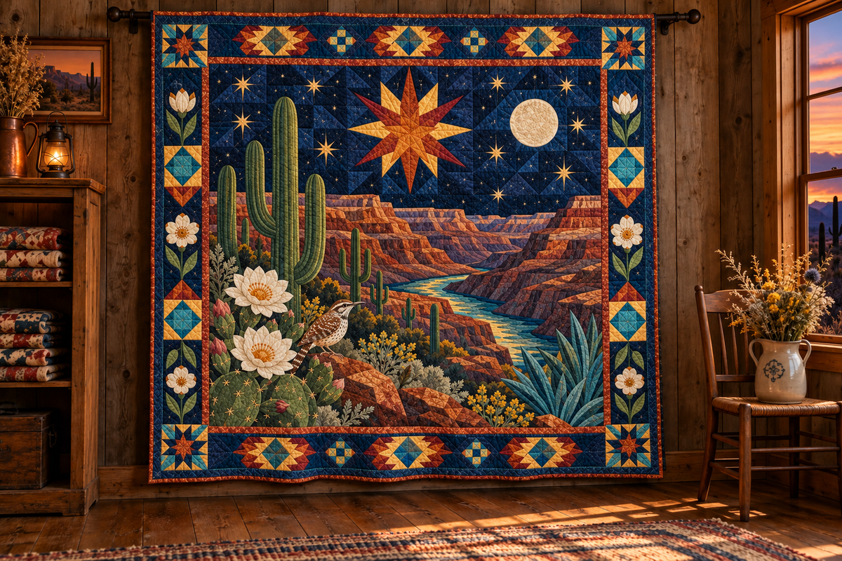 Arizona Night Garden TD181026435 Quilt Blanket hanging in a themed indoor cabin