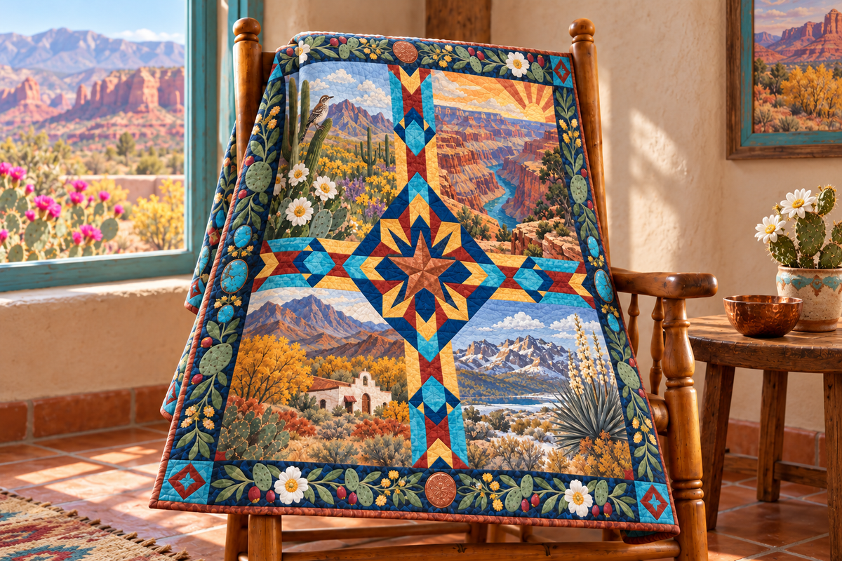 Arizona Four Seasons TD181026438 Quilt Blanket draped over a wooden chair in a setting inspired by the quilt design