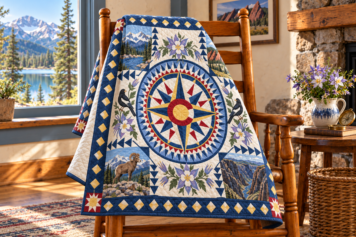 Colorado Radiant Compass TD181026457 Quilt Blanket draped over a wooden chair in a setting inspired by the quilt design