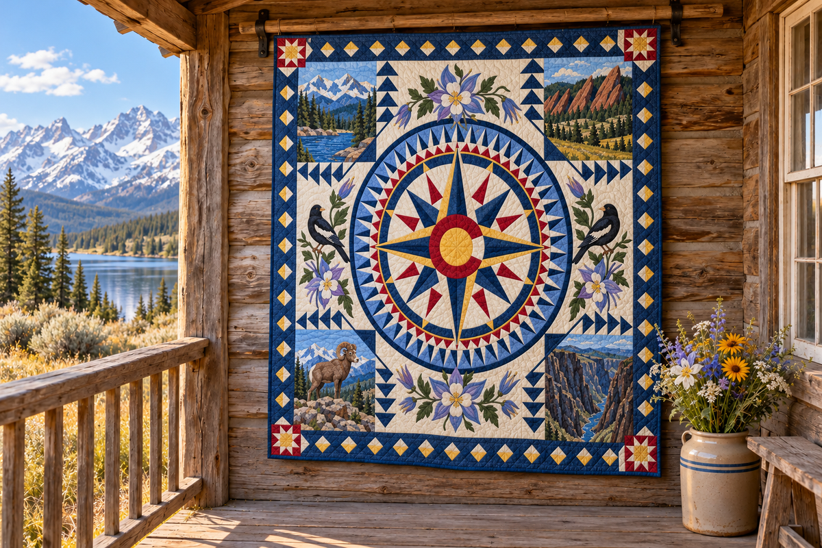 Colorado Radiant Compass TD181026457 Quilt Blanket hanging in a themed outdoor cabin