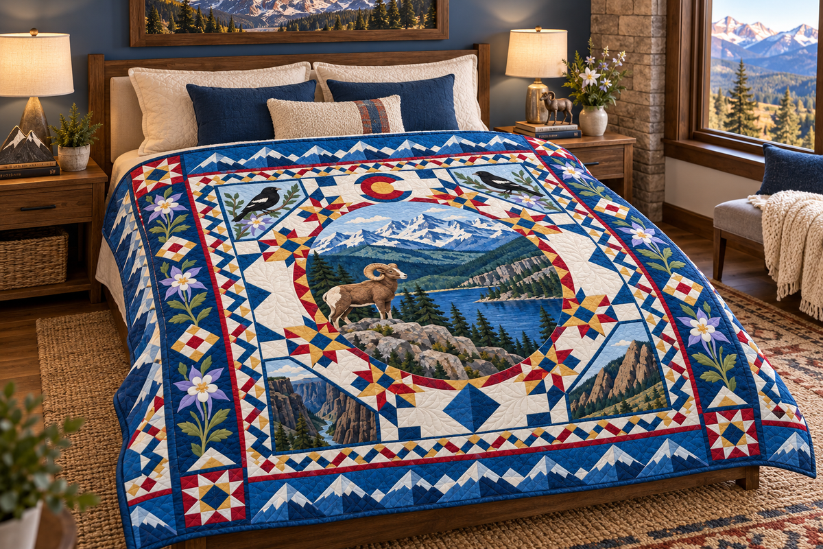 Colorado Celebration In Cloth TD181026460 Quilt Blanket bed mockup in a design-matched room