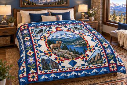 Colorado Celebration In Cloth TD181026460 Quilt Blanket bed mockup in a design-matched room