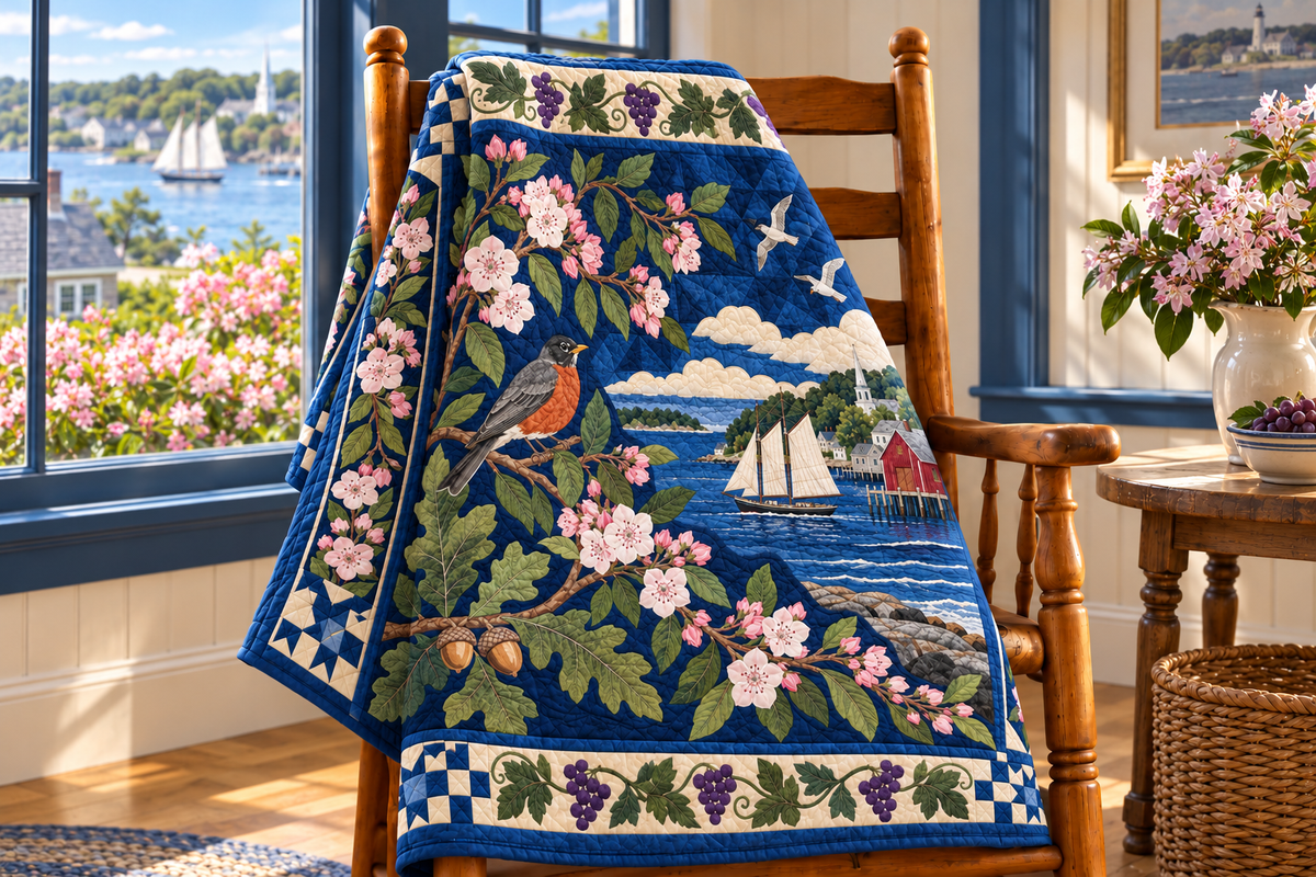 Connecticut Botanical Heritage TD181026462 Quilt Blanket draped over a wooden chair in a setting inspired by the quilt design