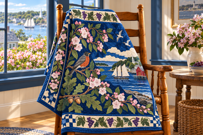 Connecticut Botanical Heritage TD181026462 Quilt Blanket draped over a wooden chair in a setting inspired by the quilt design