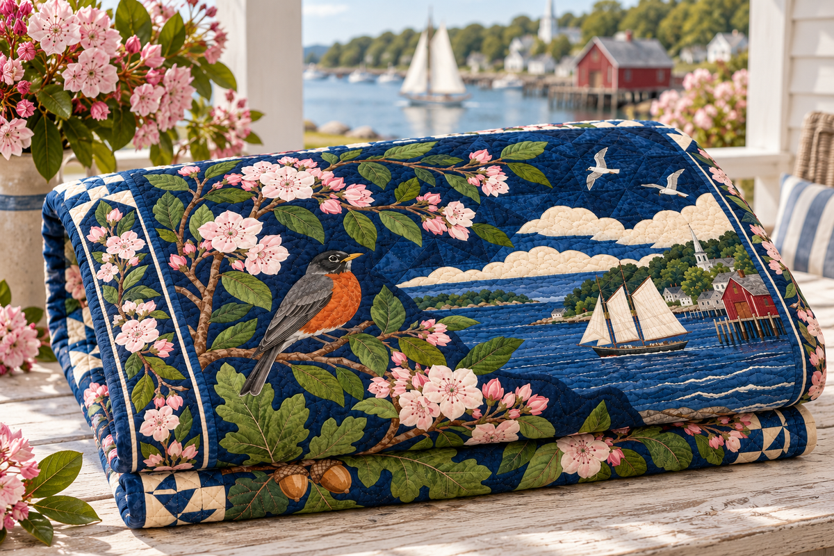 Connecticut Botanical Heritage TD181026462 Quilt Blanket folded in a setting matching its design