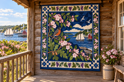 Connecticut Botanical Heritage TD181026462 Quilt Blanket hanging in a themed outdoor cabin