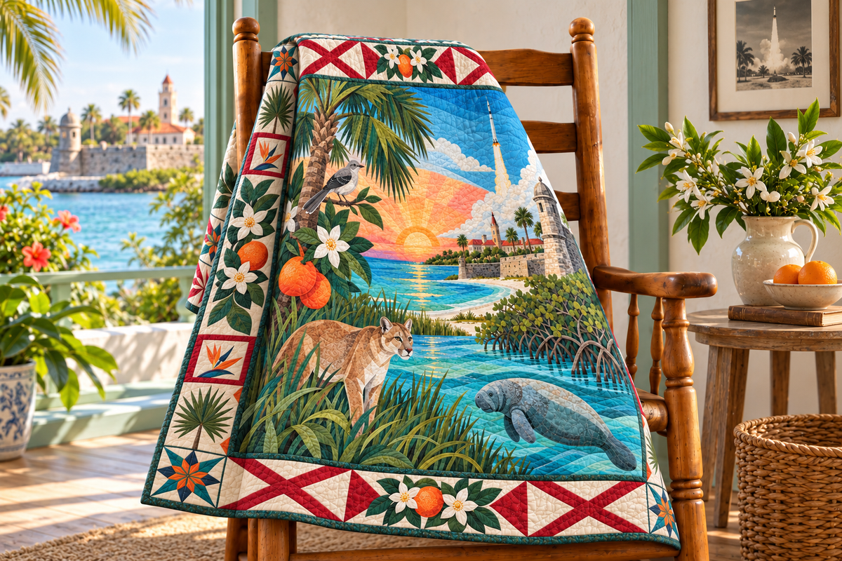 Florida Landscape Tapestry TD181026481 Quilt Blanket draped over a wooden chair in a setting inspired by the quilt design
