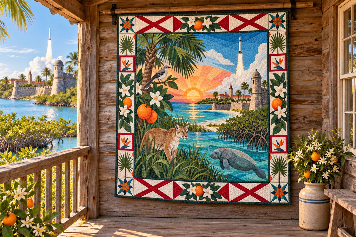 Florida Landscape Tapestry TD181026481 Quilt Blanket hanging in a themed outdoor cabin