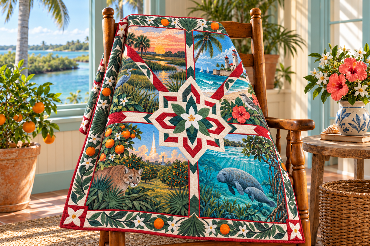 Florida Four Seasons TD181026488 Quilt Blanket draped over a wooden chair in a setting inspired by the quilt design