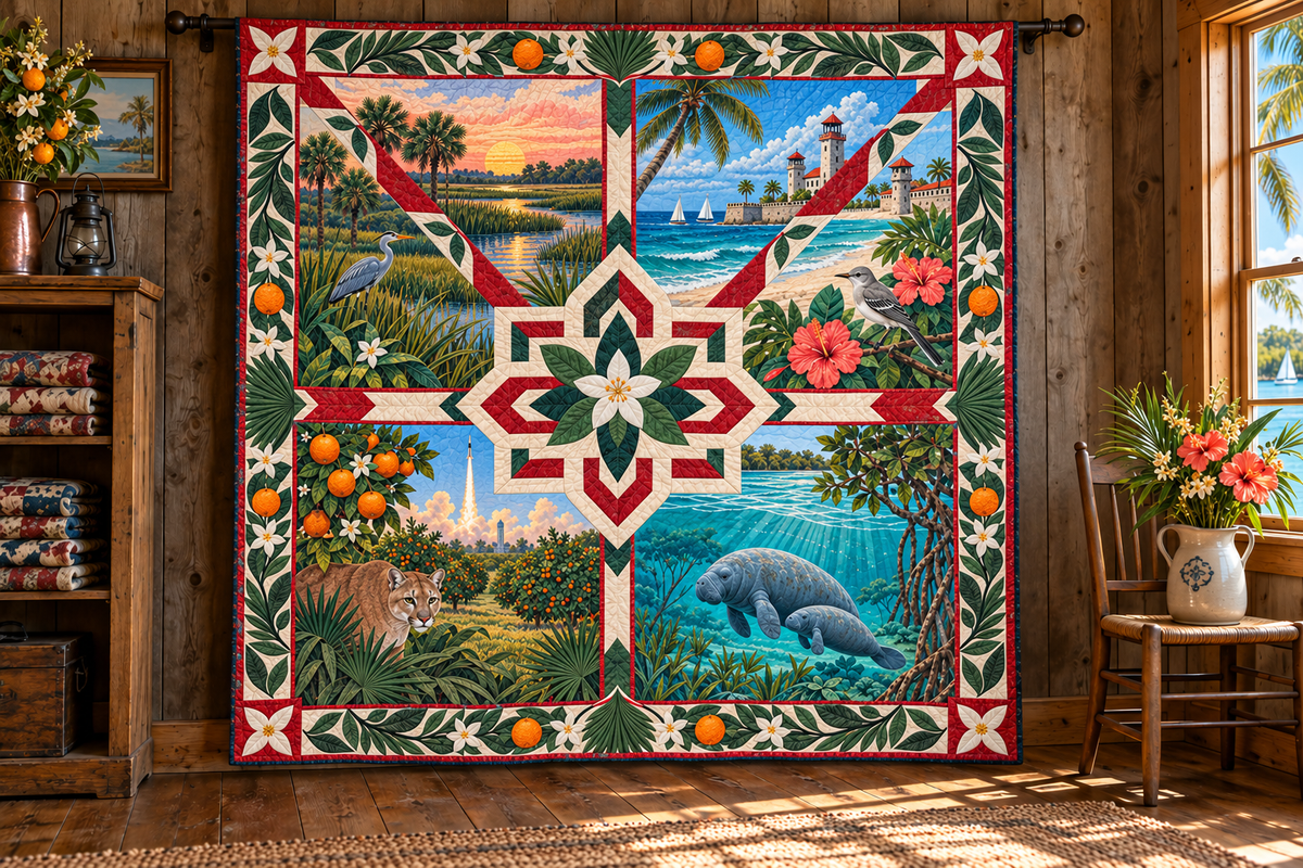 Florida Four Seasons TD181026488 Quilt Blanket hanging in a themed indoor cabin