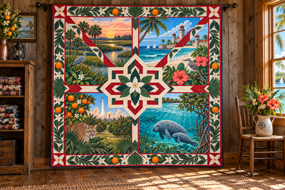 Florida Four Seasons TD181026488 Quilt Blanket hanging in a themed indoor cabin