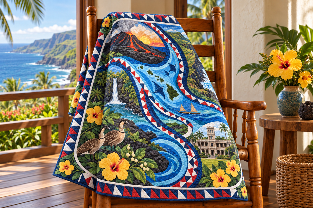 Hawaii River Of Stories TD181026504 Quilt Blanket draped over a wooden chair in a setting inspired by the quilt design