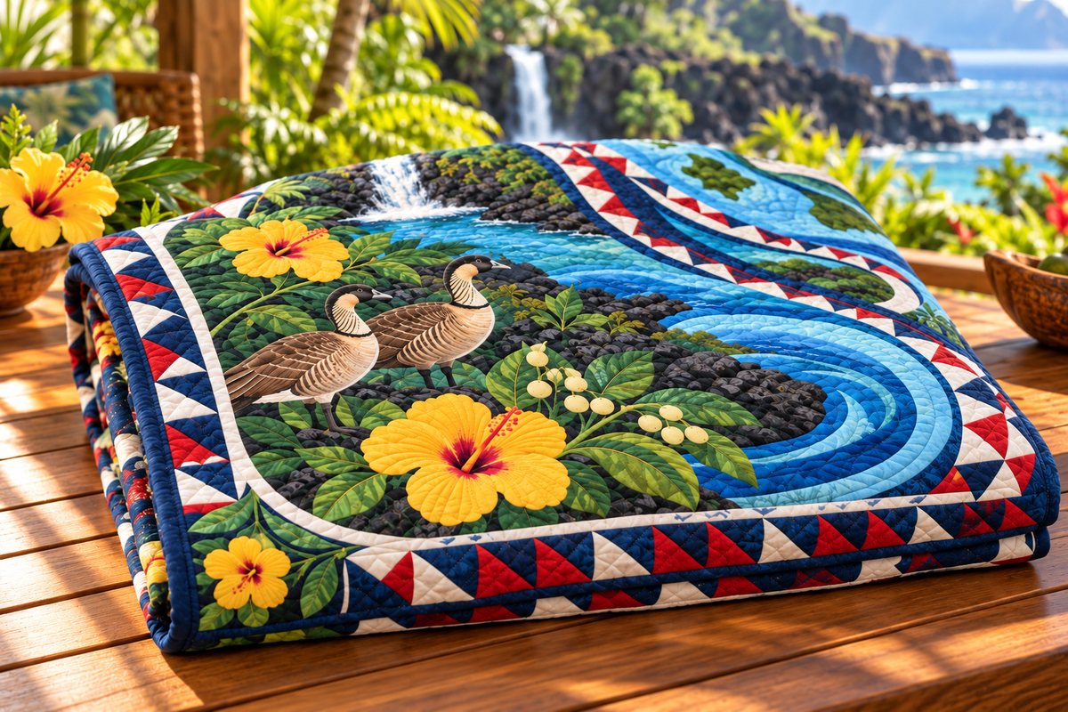 Hawaii River Of Stories TD181026504 Quilt Blanket folded in a setting matching its design