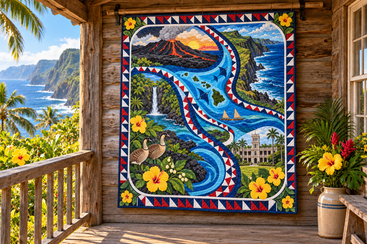 Hawaii River Of Stories TD181026504 Quilt Blanket hanging in a themed outdoor cabin