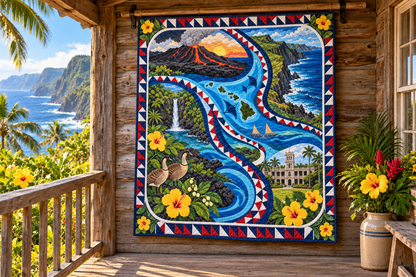 Hawaii River Of Stories TD181026504 Quilt Blanket hanging in a themed outdoor cabin