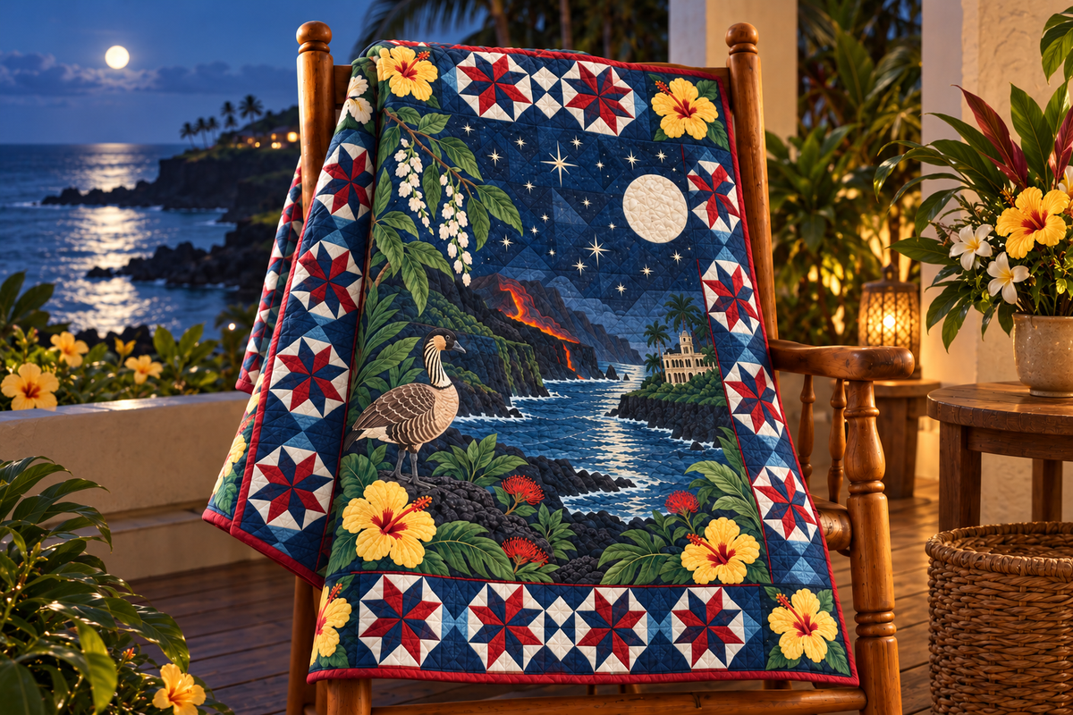 Hawaii Night Garden TD181026505 Quilt Blanket draped over a wooden chair in a setting inspired by the quilt design