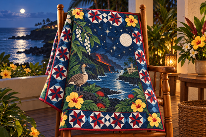 Hawaii Night Garden TD181026505 Quilt Blanket draped over a wooden chair in a setting inspired by the quilt design