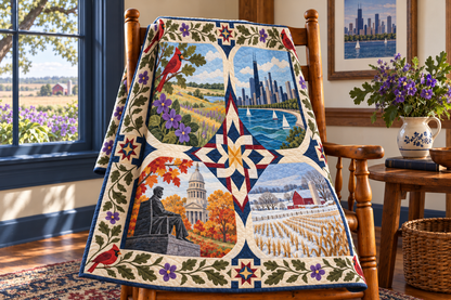 Illinois Four Seasons TD181026538 Quilt Blanket draped over a wooden chair in a setting inspired by the quilt design