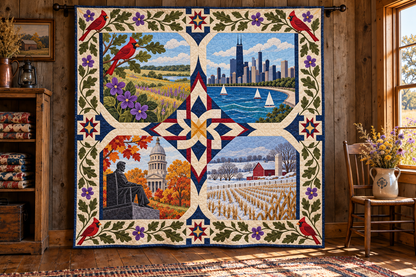 Illinois Four Seasons TD181026538 Quilt Blanket hanging in a themed indoor cabin
