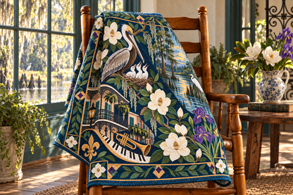Louisiana Botanical Heritage TD181026572 Quilt Blanket draped over a wooden chair in a setting inspired by the quilt design