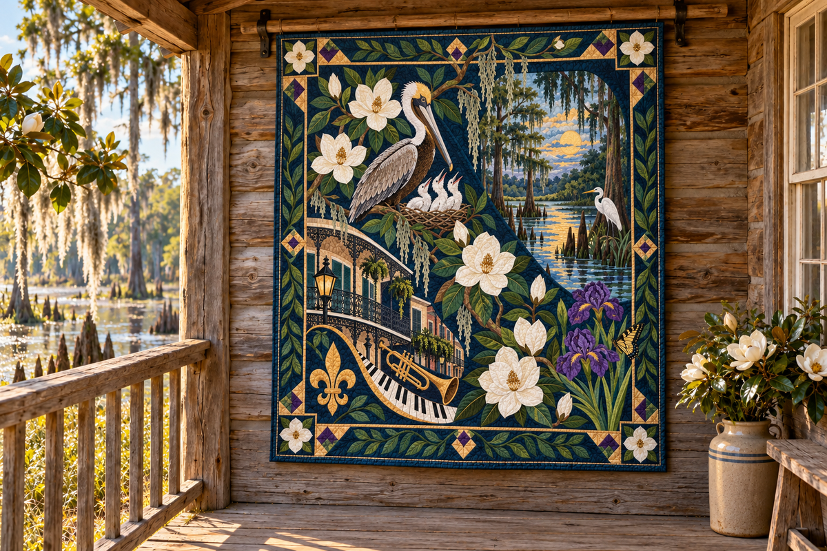 Louisiana Botanical Heritage TD181026572 Quilt Blanket hanging in a themed outdoor cabin