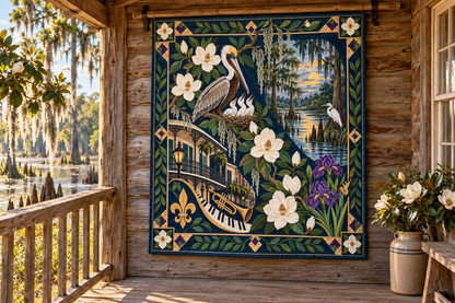 Louisiana Botanical Heritage TD181026572 Quilt Blanket hanging in a themed outdoor cabin