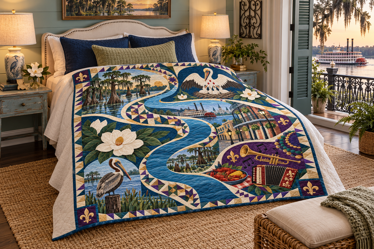 Louisiana River Of Stories TD181026574 Quilt Blanket bed mockup in a design-matched room