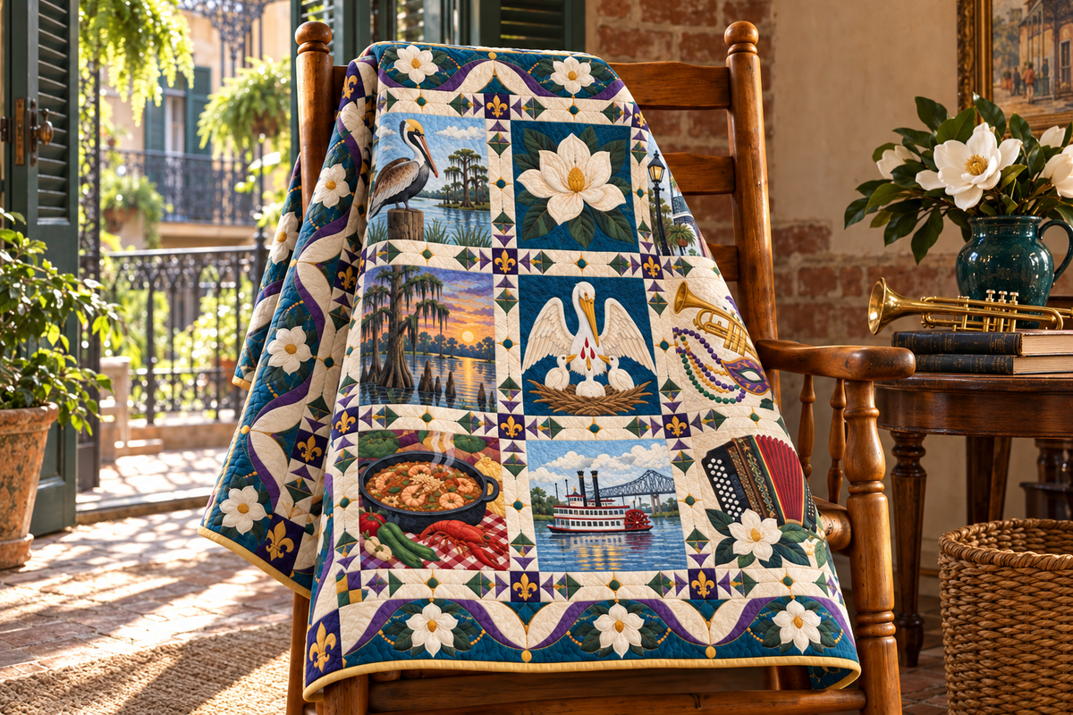 Louisiana Heritage Album TD181026576 Quilt Blanket draped over a wooden chair in a setting inspired by the quilt design