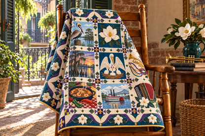 Louisiana Heritage Album TD181026576 Quilt Blanket draped over a wooden chair in a setting inspired by the quilt design