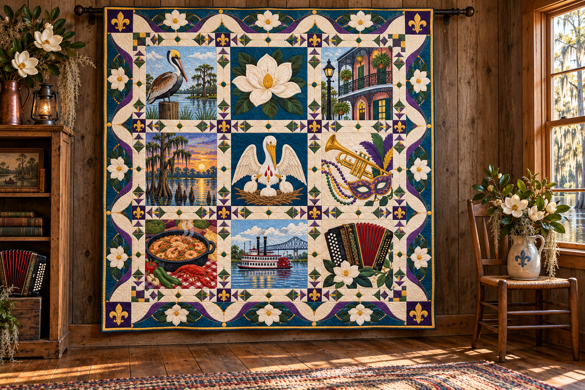 Louisiana Heritage Album TD181026576 Quilt Blanket hanging in a themed indoor cabin