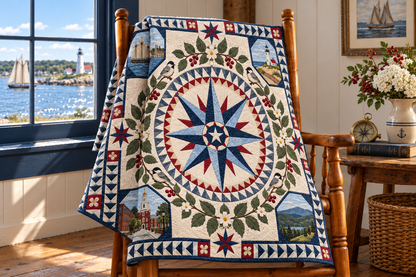 Massachusetts Radiant Compass TD181026587 Quilt Blanket draped over a wooden chair in a setting inspired by the quilt design